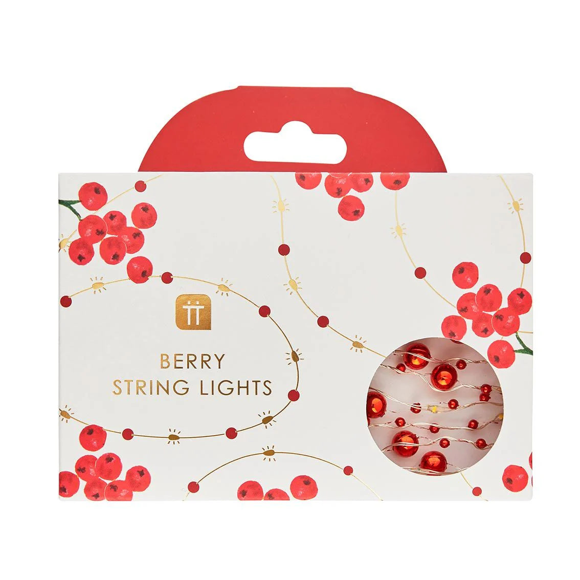 3 metres string lights with red berry shaped bulbs in a white box with red berry illustration 