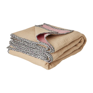 cotton musline blanket in beige and pink with grey floral edges