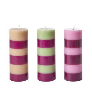 pillar candle with aubergine stripe, comes in orange, green and pink
