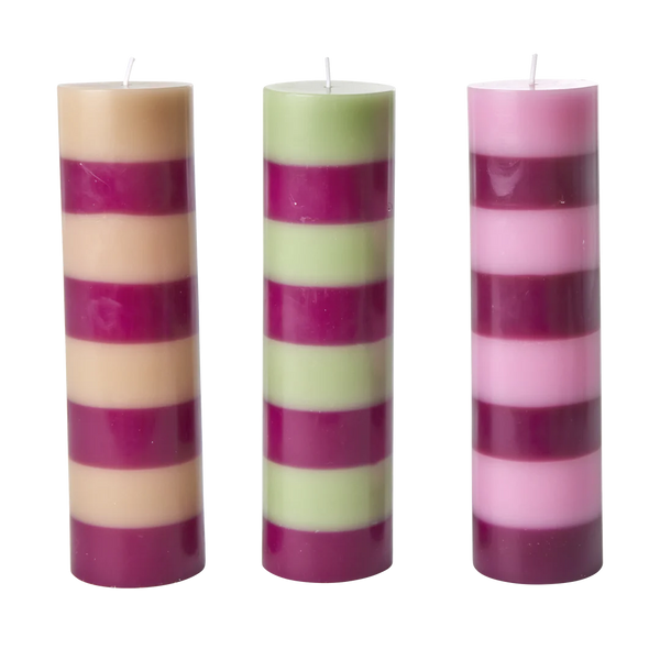 large candles in aubergine stripe, comes in green, pink and orange