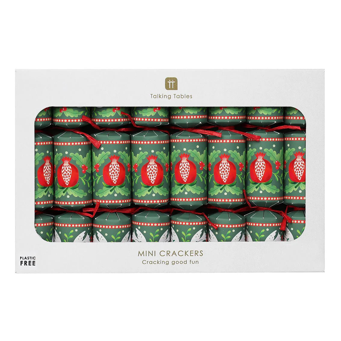 A set of 8 mini christmas crackers with red and green christmas illustration in a white box 