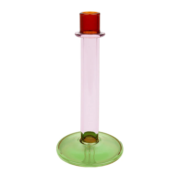 tall glass dinner candle holder in orange, pink and green
