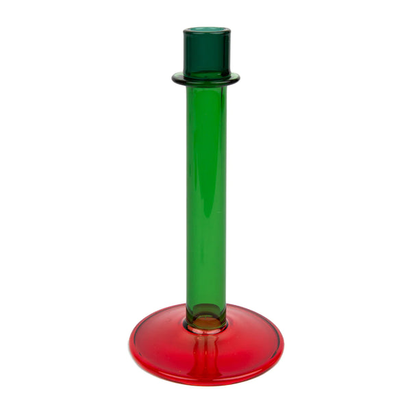 Tall glass candle holder in green and red