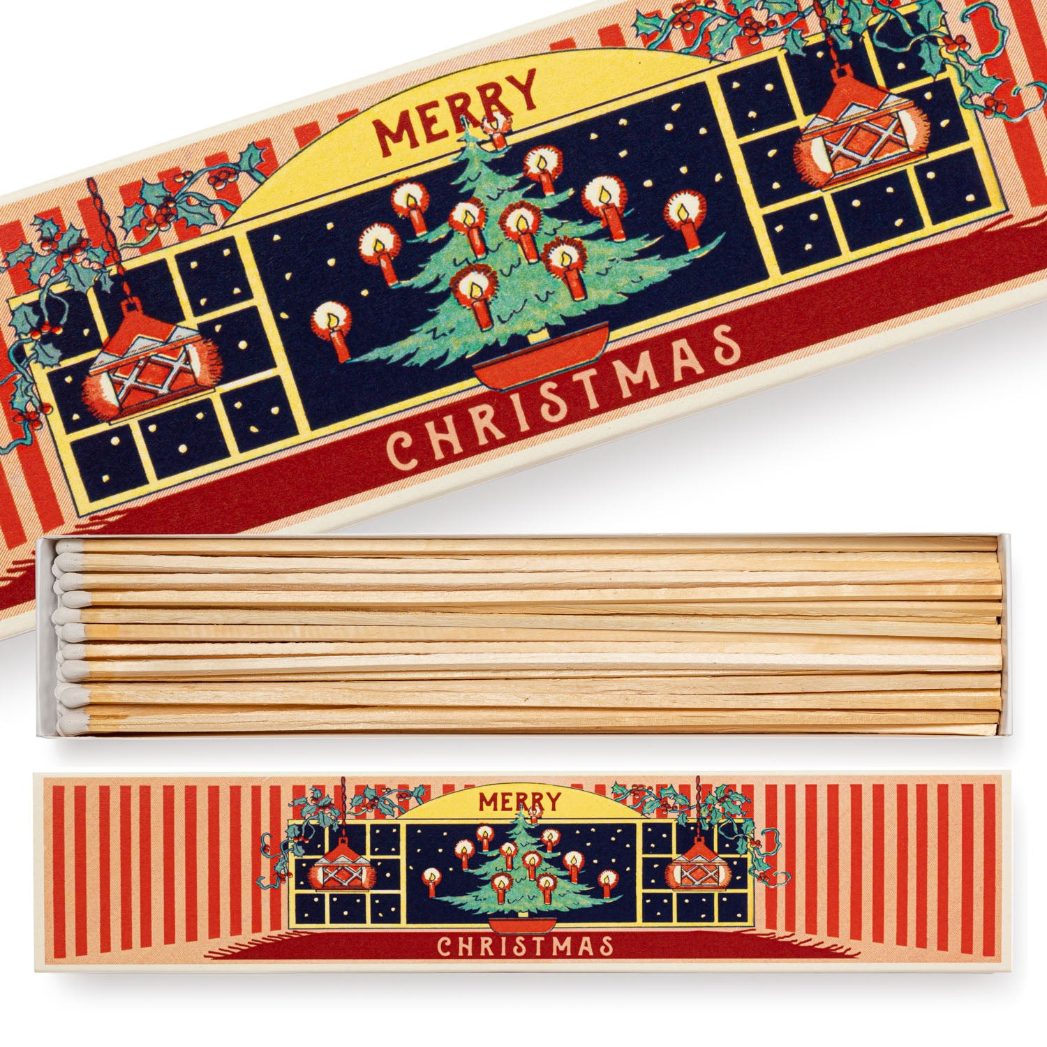 Extra long safety matches in a retro illustration of christmas tree in a house