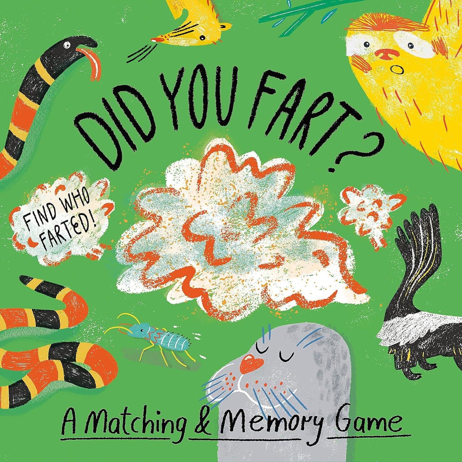 Did you fart? matching and memory game in a green box with animal illustrations