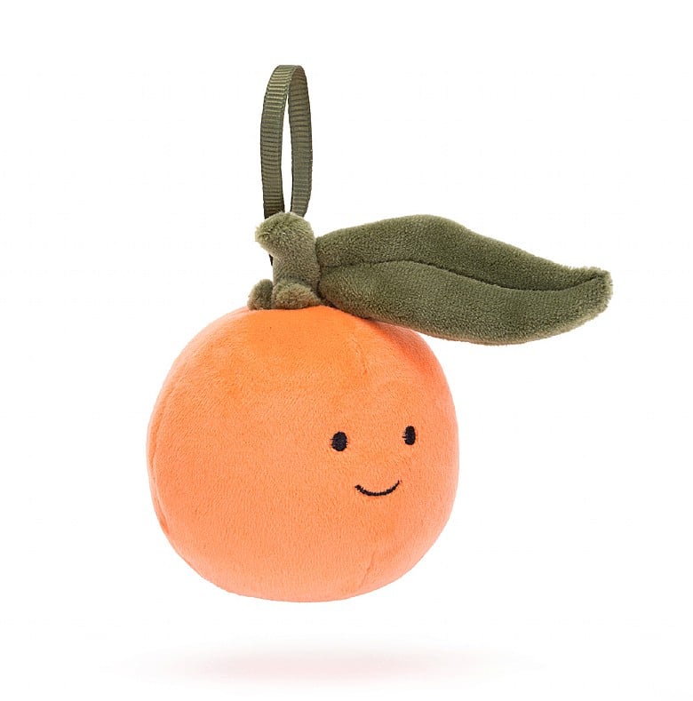 soft stuffed clementine orange christmas ornament with smiley face and green leaf