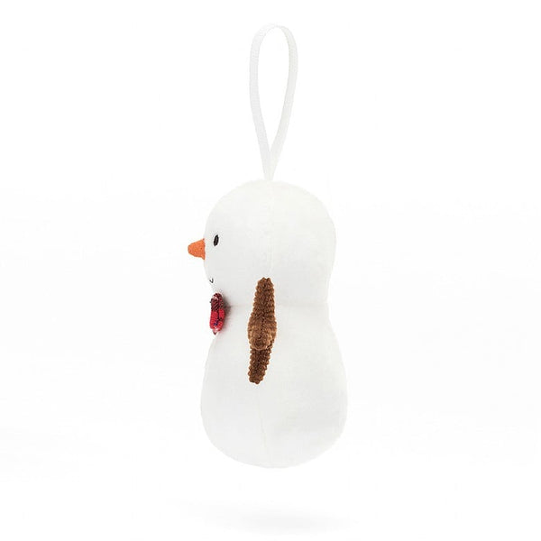 soft fur white snowman christmas tree ornament with brown cord stick arms and red tartan bow