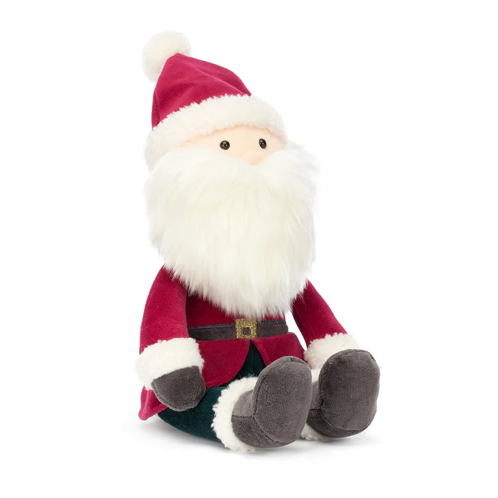 Soft fleece Santa cuddly plush doll with white fur beard, red outfit and grey boots and mittens