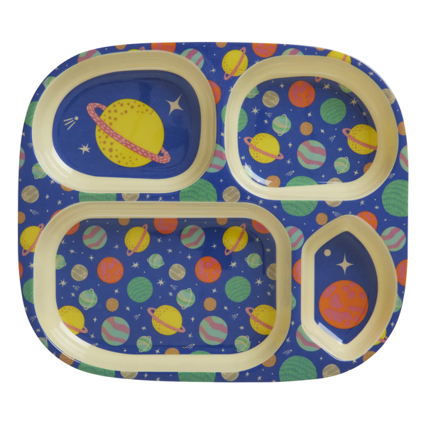 melamine kids plate with 4 compartments in space galaxy print in blue and bright colours
