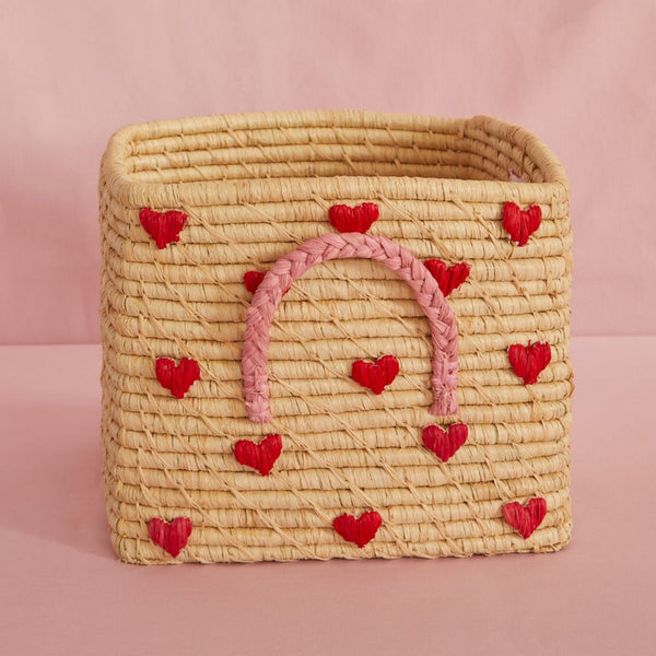 Square Raffia Basket Large - Love Hearts