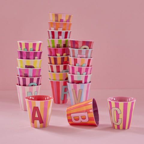 melamine alphabet cups in multi coloured candy stripes