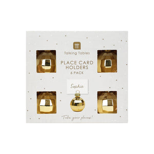  A set of 6 gold disco ball place card holders in a white and gold box