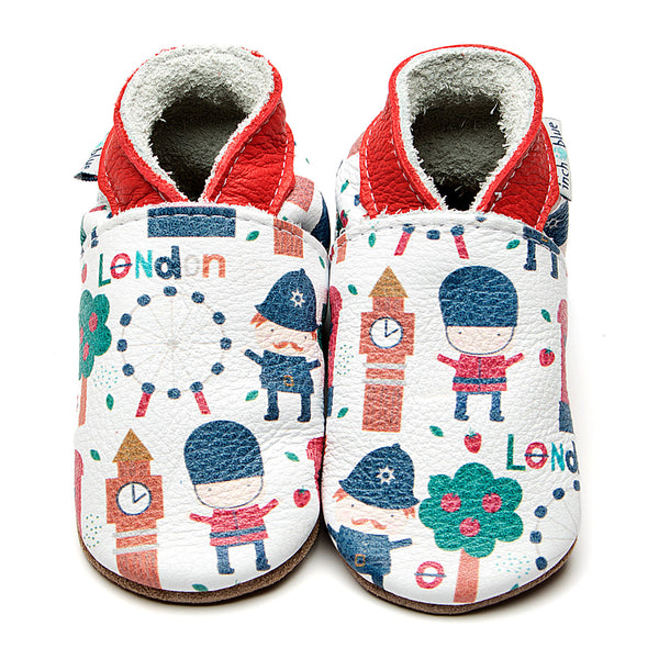 Handmade baby shoes with london prints in red, blue and white