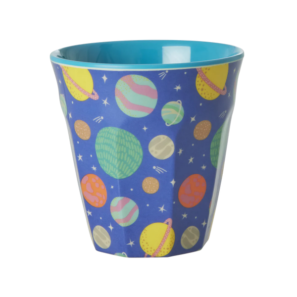 melmine cup with colourful galaxy space print in blue outside and turquoise inside