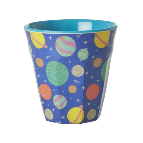 melmine cup with colourful galaxy space print in blue outside and turquoise inside