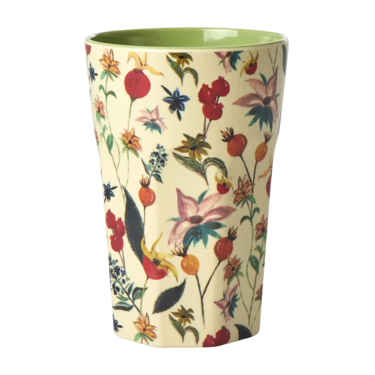 Tall Melamine Cup - Green - Winter Rosebuds Print