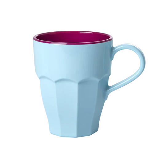 melamine mug cup in light blue outside and plum inside