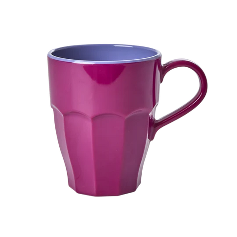 melamine mug cup in plum colour outside and lavendar purple inside