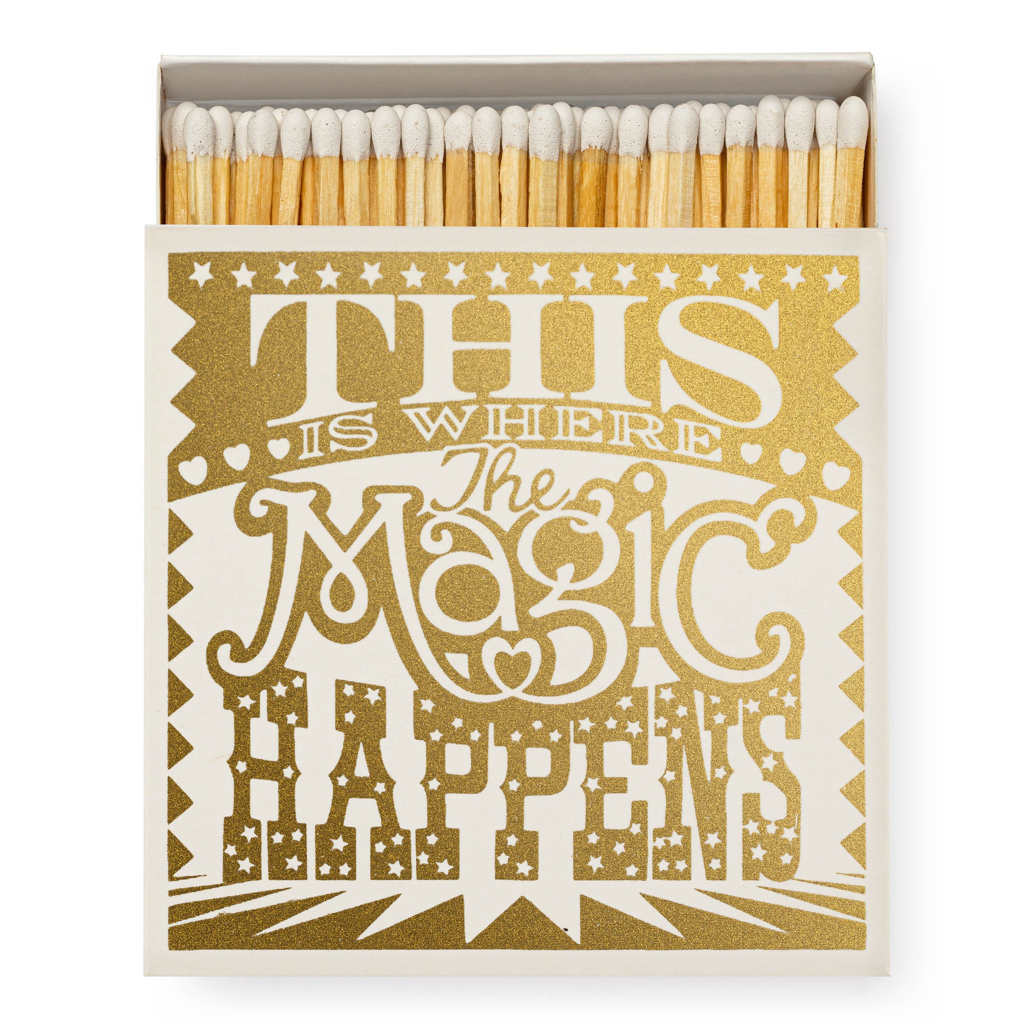 Safety matches in a white box with gold  illustration saying This is where the magic happens