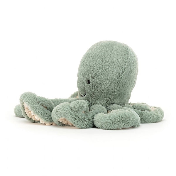 Cuddly soft fur octopus toy with a smiley face in light green 