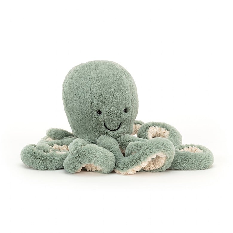 Cuddly soft fur octopus toy with a smiley face in light green in l