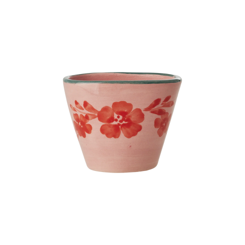 Small Oval Ceramic Espresso Cup in pink with greem lim and handpainted red flowers