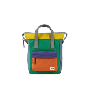 Nylon Backpack in yellow, green, blue and orange with grey handle and zip