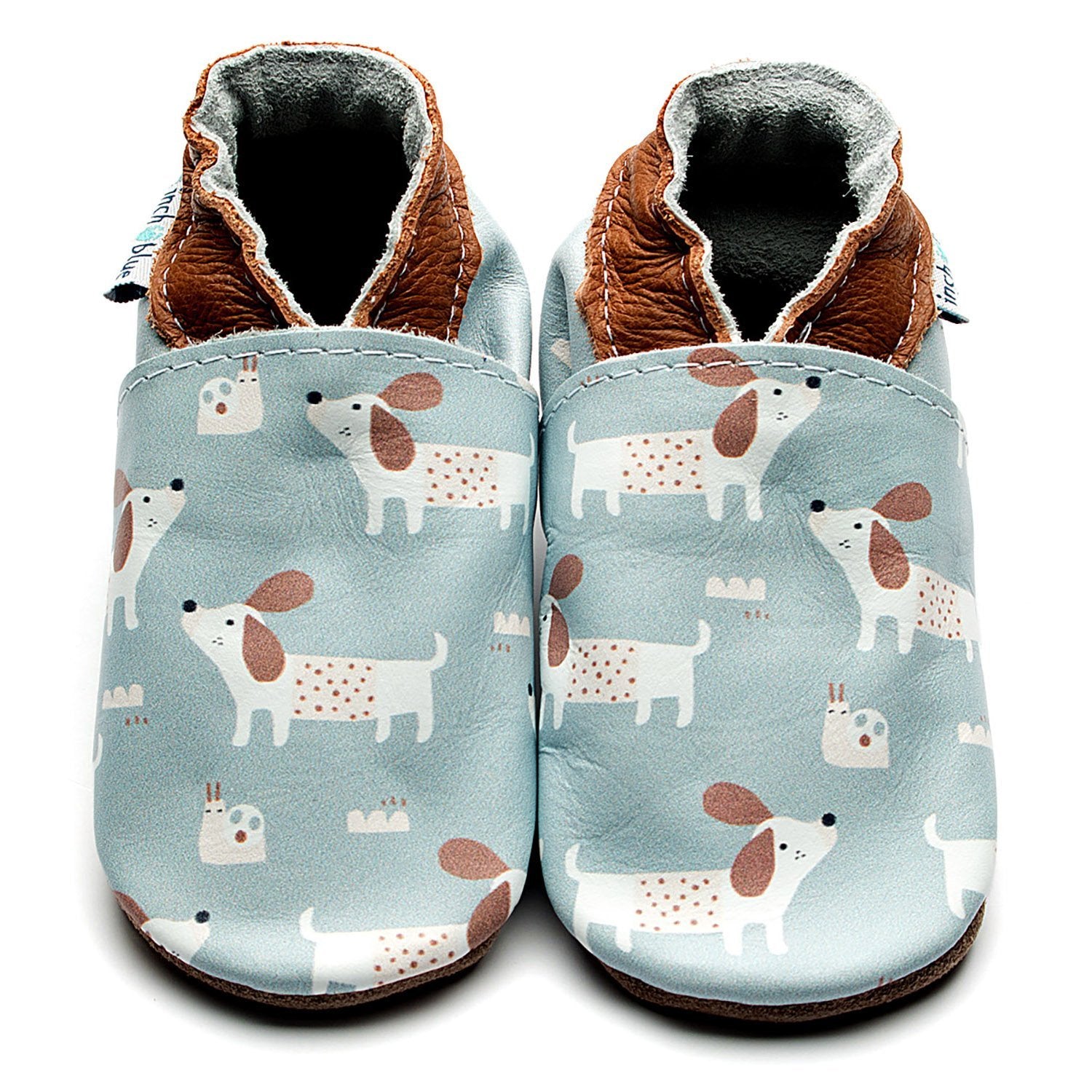Handmade baby shoes with dog prints in duck egg blue and brown