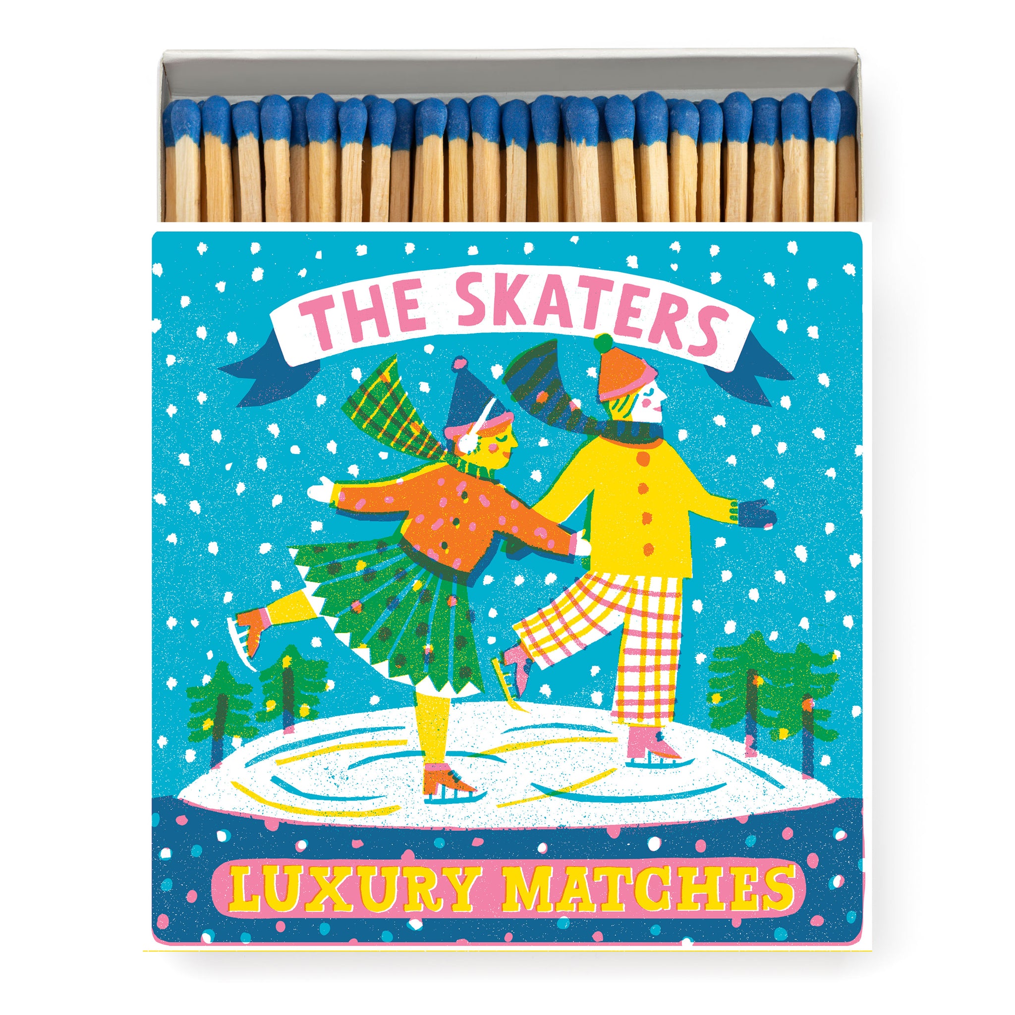 Safety matches in a box with a colourful illustrations of two people skating