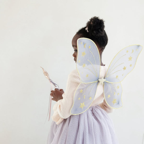butterfly wings in sheer grey mesh and glittery gold moon stars pattern