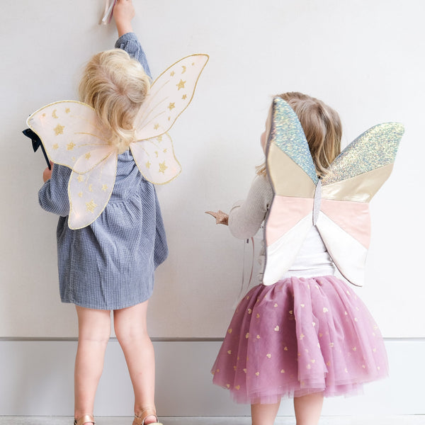 sheer pink mesh buttefly wings with gold moon and stars pattern