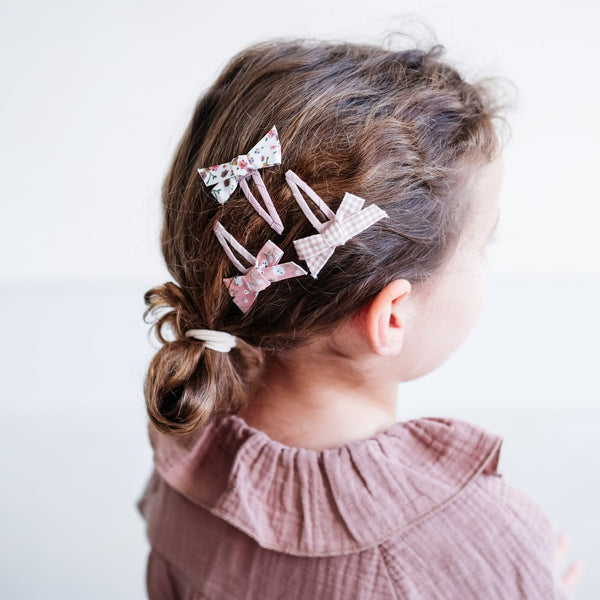 Grosgrain covered hair clips with gingham and floral bow