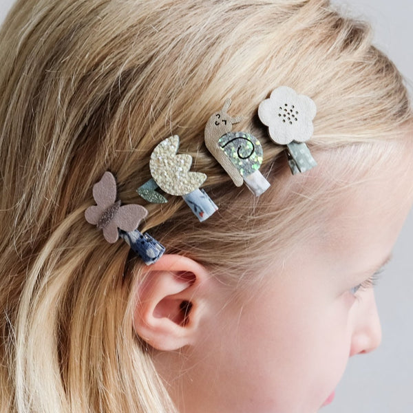 flower print covered hair clips with faux leather snail,tulip, butterfly and flower