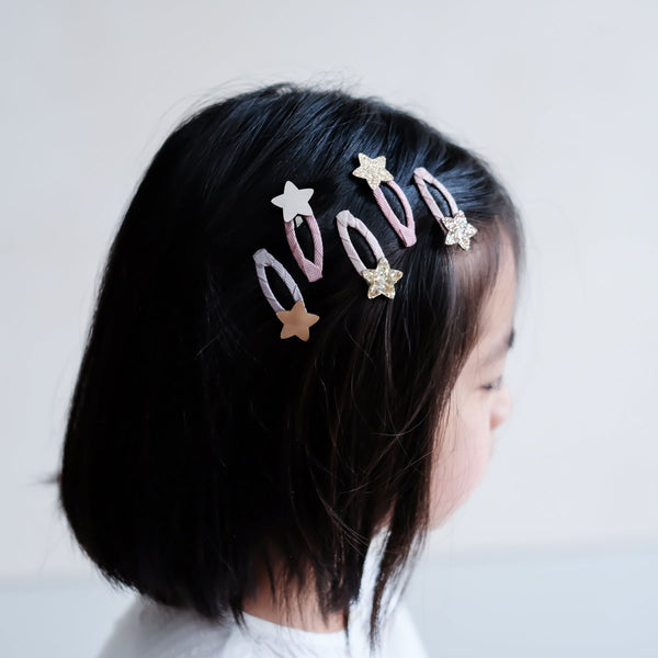 grosgrain covered hair clips with faux leather silver, gold and glittery stars