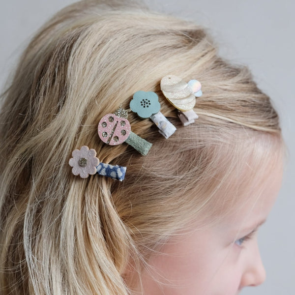 mini hair clips with faux leather bee, lady bird and flowers