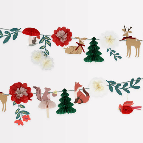 Paper winter woodland themed garland with squirels, foxes, deers, flowers, mushrooms, mice, birds and christmas trees