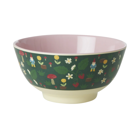 melamine bowl with forest gnome print in dark green on outside and pink inside