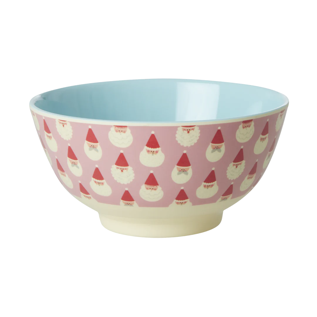 Melamine bowl witn santa face print in pink on outside and light blue inside