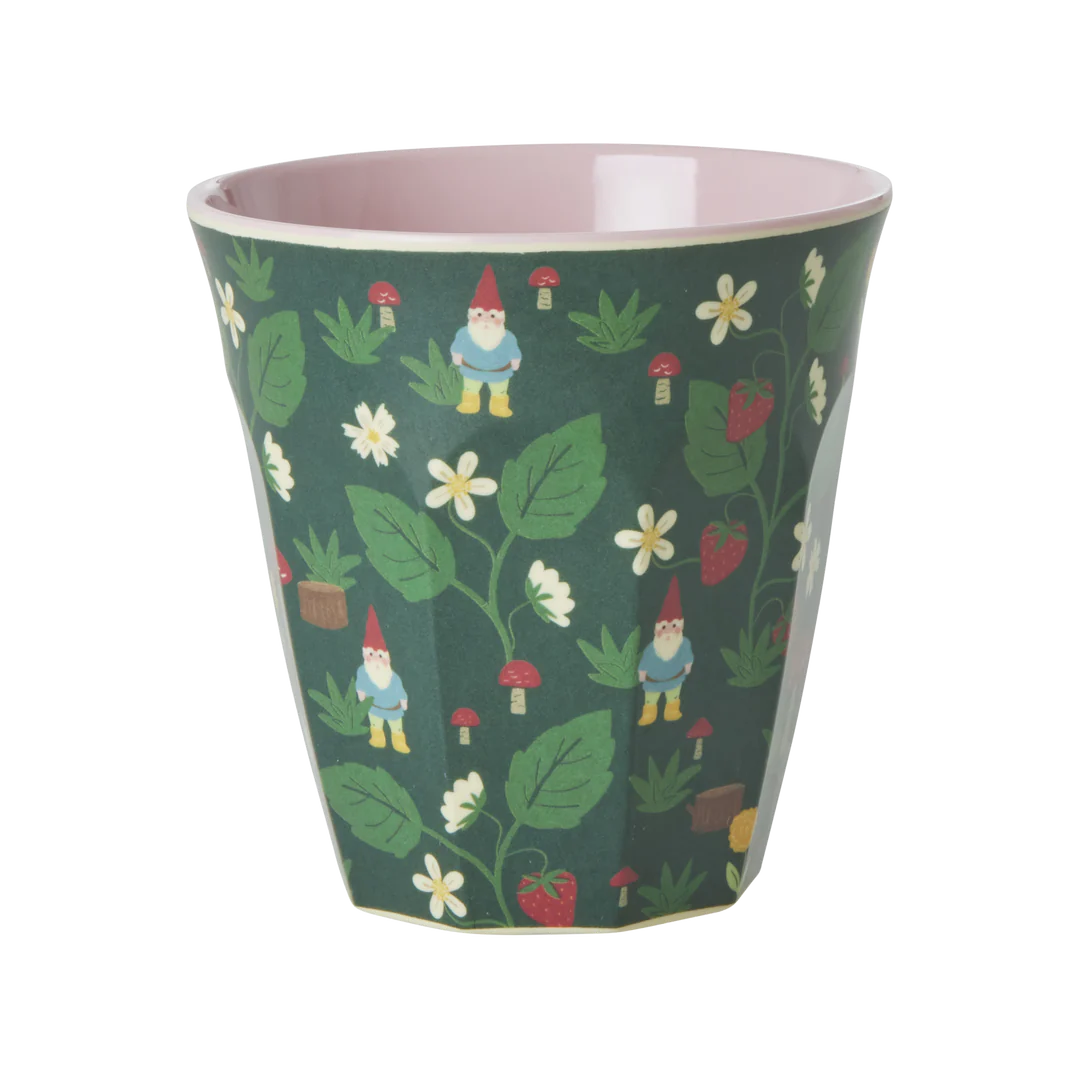 melamine cup with forest gnome print in dark green outside and pink inside