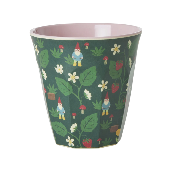 melamine cup with forest gnome print in dark green outside and pink inside