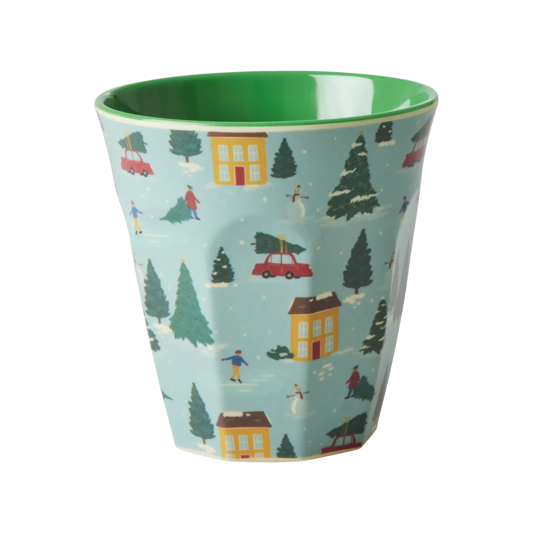 Melamine cup with christmas holiday village print in light blue outside and green inside