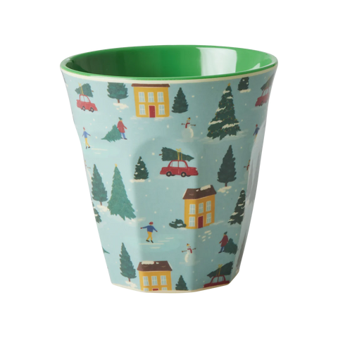 Melamine cup with christmas holiday village print in light blue outside and green inside