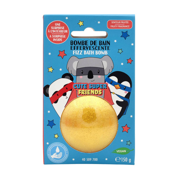 gold bath bomb in blue and red packaging with superhero animal illustration