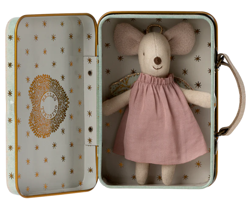 Little mouse doll in a pink dress with angel wings in a light blue miniature suitcase with gold star prints