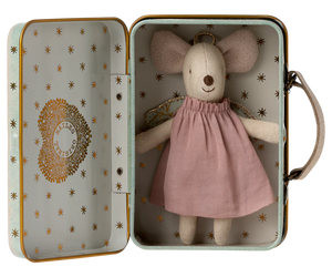 Little mouse doll in a pink dress with angel wings in a light blue miniature suitcase with gold star prints