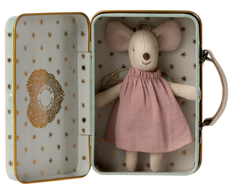 Little mouse doll in a pink dress with angel wings in a light blue miniature suitcase with gold star prints