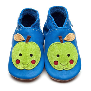Soft blue leather baby shoes with green apple applique. Baby's first shoes.
