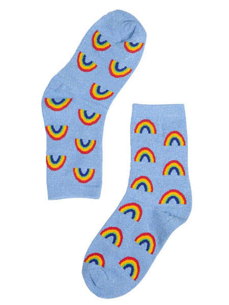 Womens Glitter Socks Light Blue Rainbow