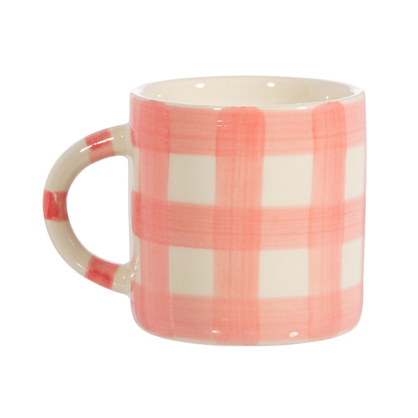 ceramic gingham mug in white and pink