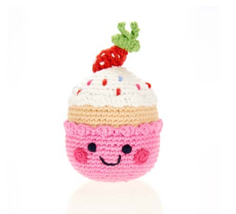 organic cotton crochet cupcake baby rattle with smiley face